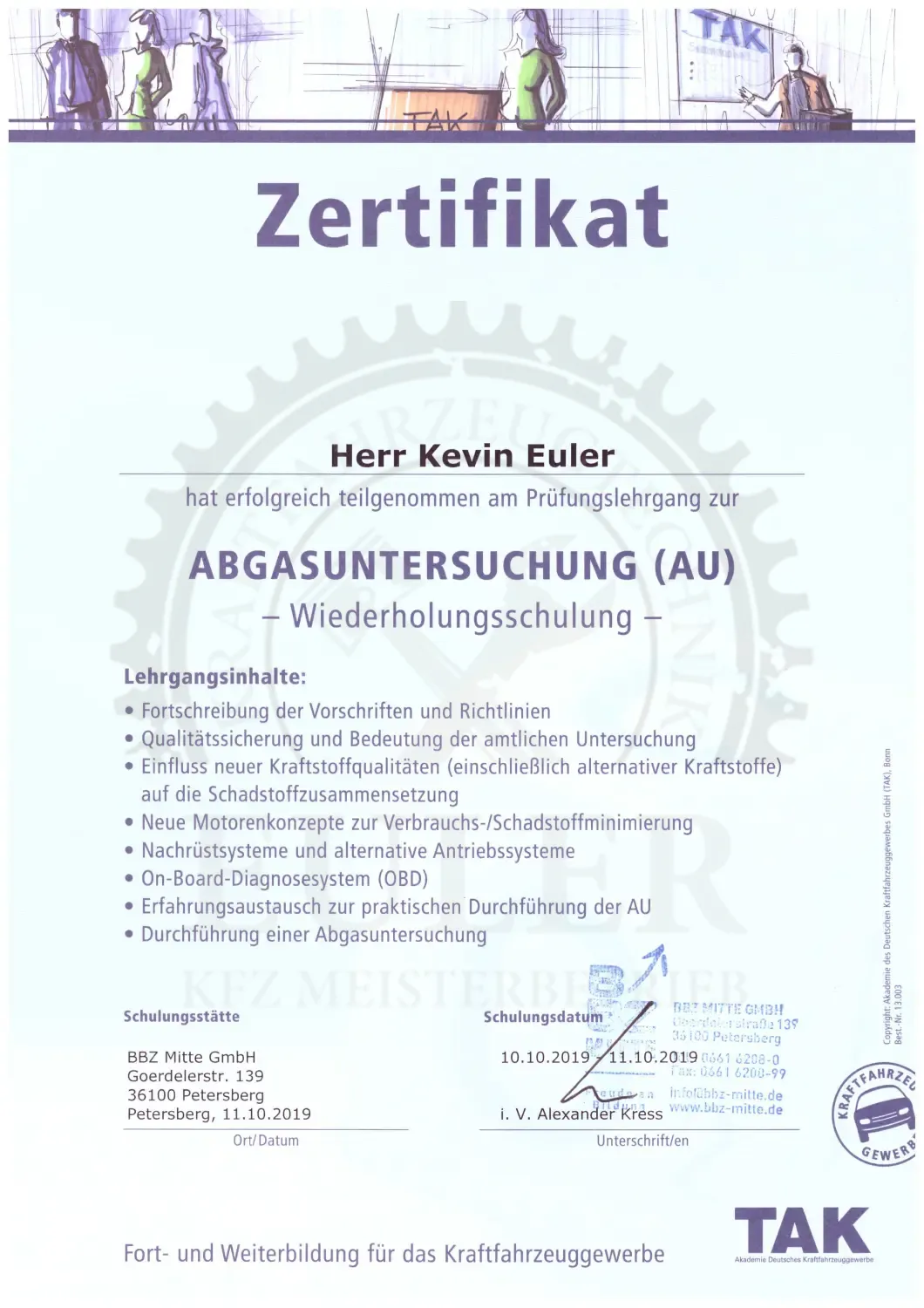 EULER KFZ MEISTERBETRIEB - Kfz-Meisterwerkstatt - Zertifikat